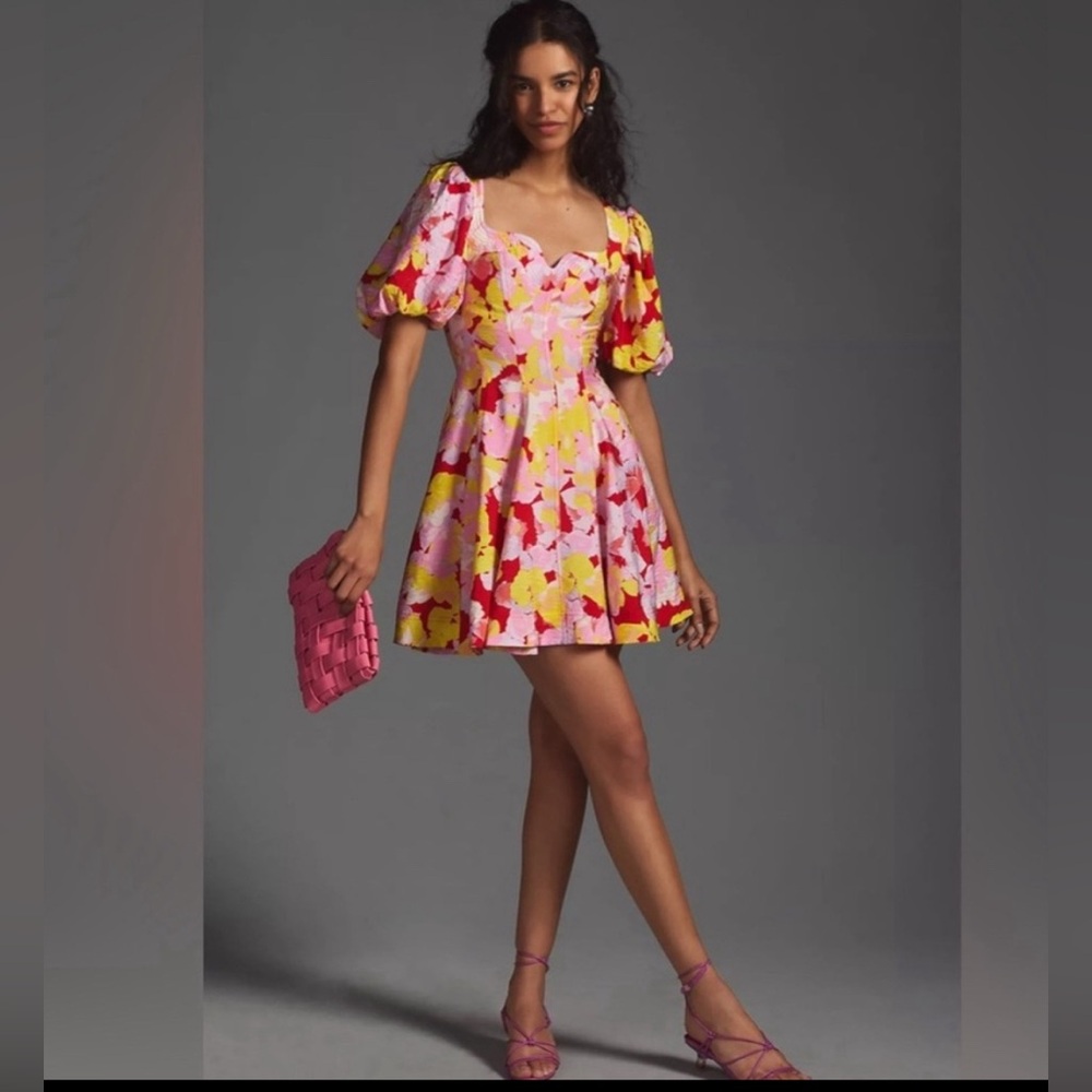 Anthropologie Pink and Yellow Print Sweetheart Dress